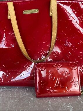 Red Patent Embossed Tote with Tan Handles and Gold Accents